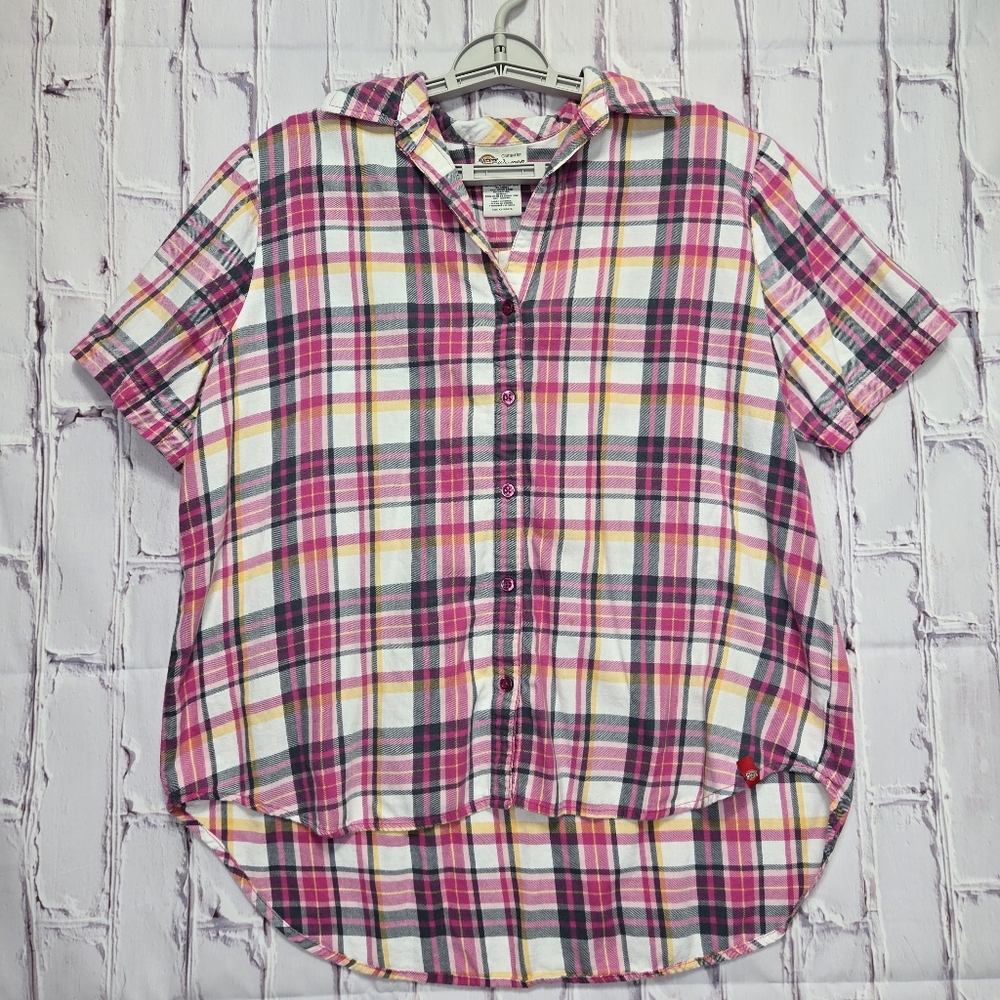 Dickies Women Plaid Button-Up Short Sleeve Shirt Sz XL Pink White Navy Casual‎